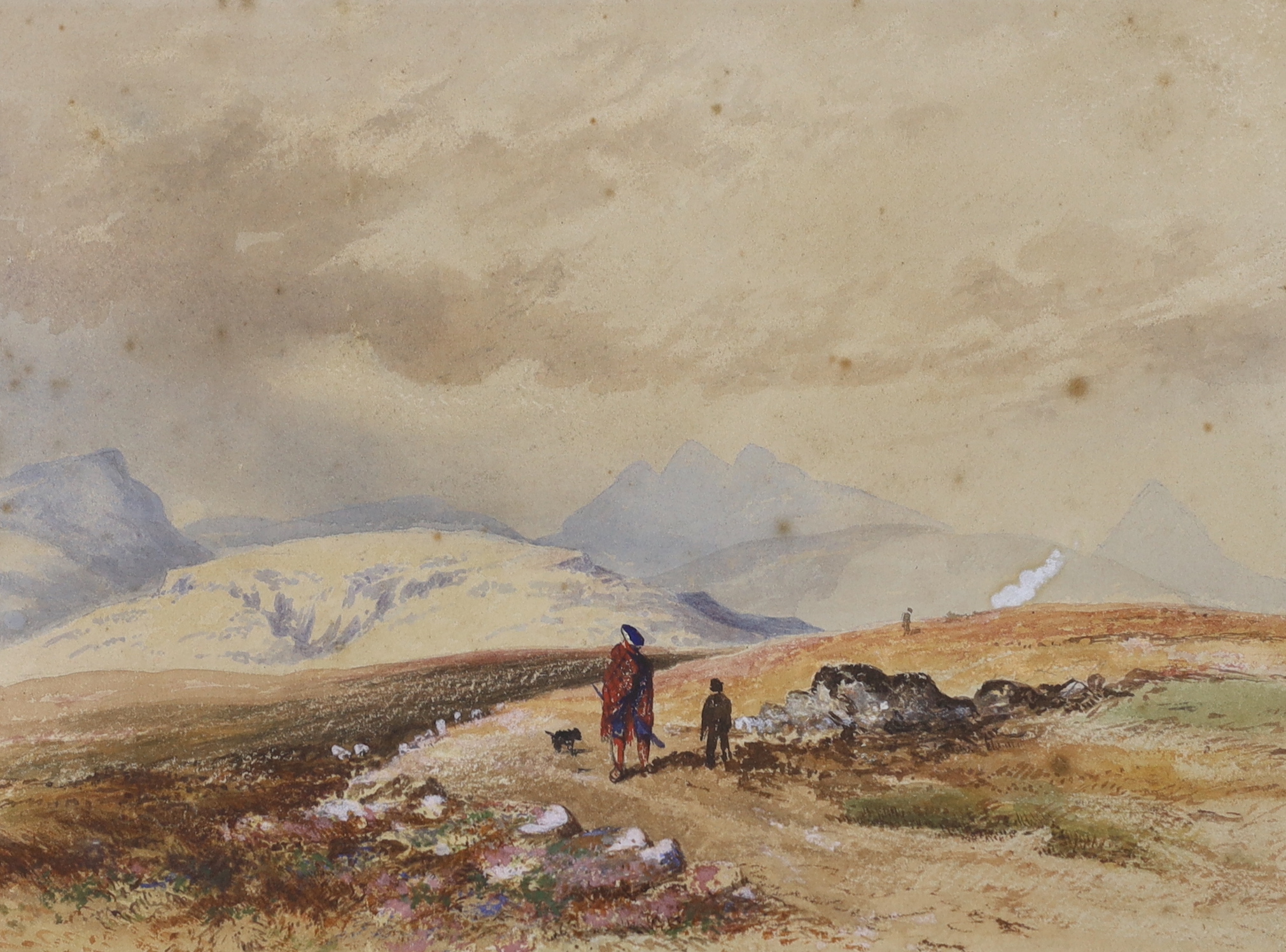 Edward Martindale Richardson (1810-1874), watercolour, Mountainous landscape with figures, details verso, 25 x 34cm